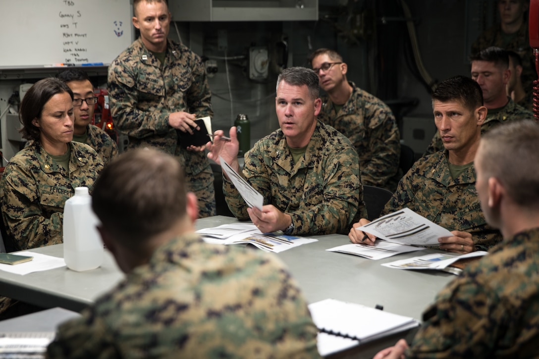 U.S. Marine Col. Andrew T. Priddy, commanding officer of Special Purpose Marine Air-Ground Task Force- WASP, provides his guidance to staff members during a humanitarian aid planning exercise aboard the USS Wasp (LHD 1), in the Pacific Ocean, Sept. 27, 2019. Marines and Sailors are embarked on the USS Wasp as part of SPMAGTF-WASP to deploy to the Southern Command area of responsibility. SPMAGTF-WASP provides an excellent venue to increase overall readiness and military proficiency for all participants.