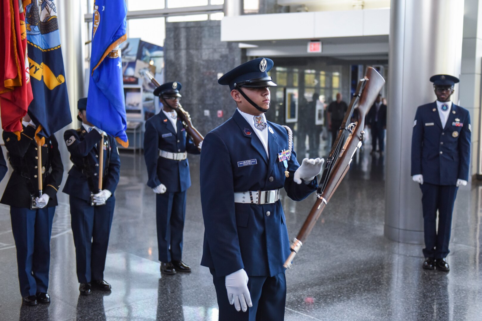 Cadet Chief Master Sgt. Dean Courtney, of the Civil Air Patrol’s National Capital Wing, conducts a rifle presentation at the Defense Intelligence Agency Headquarters, Oct. 10