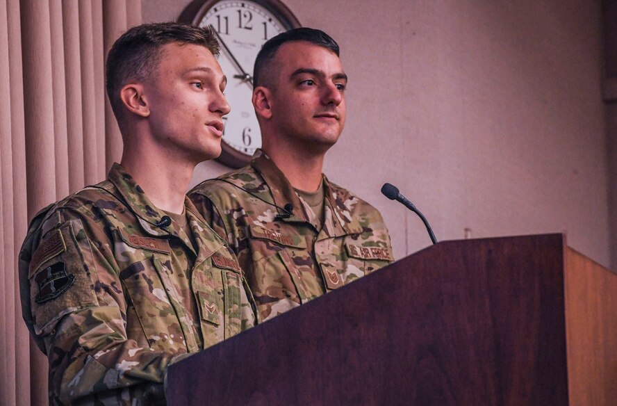 Senior Airman Brett Geisler, 9th Maintenance Squadron electrical and environmental technician, Beale Air Force Base, California, and Tech. Sgt. Jean-Paul Trevino, 9th MXS E&E noncommissioned officer in charge, present their idea to the judge’s panel during Air Combat Command’s 2020 Spark Tank competition at the Creech Conference Center on Joint Base Langley-Eustis, Virginia, Oct. 16, 2019. Geisler’s idea to remedy seals on the latch assembly of aircraft canopies has the potential to not only save thousands of dollars, but also reduce man hours by 26 percent. (U.S. Air Force photo by Tech. Sgt. Nick Wilson)