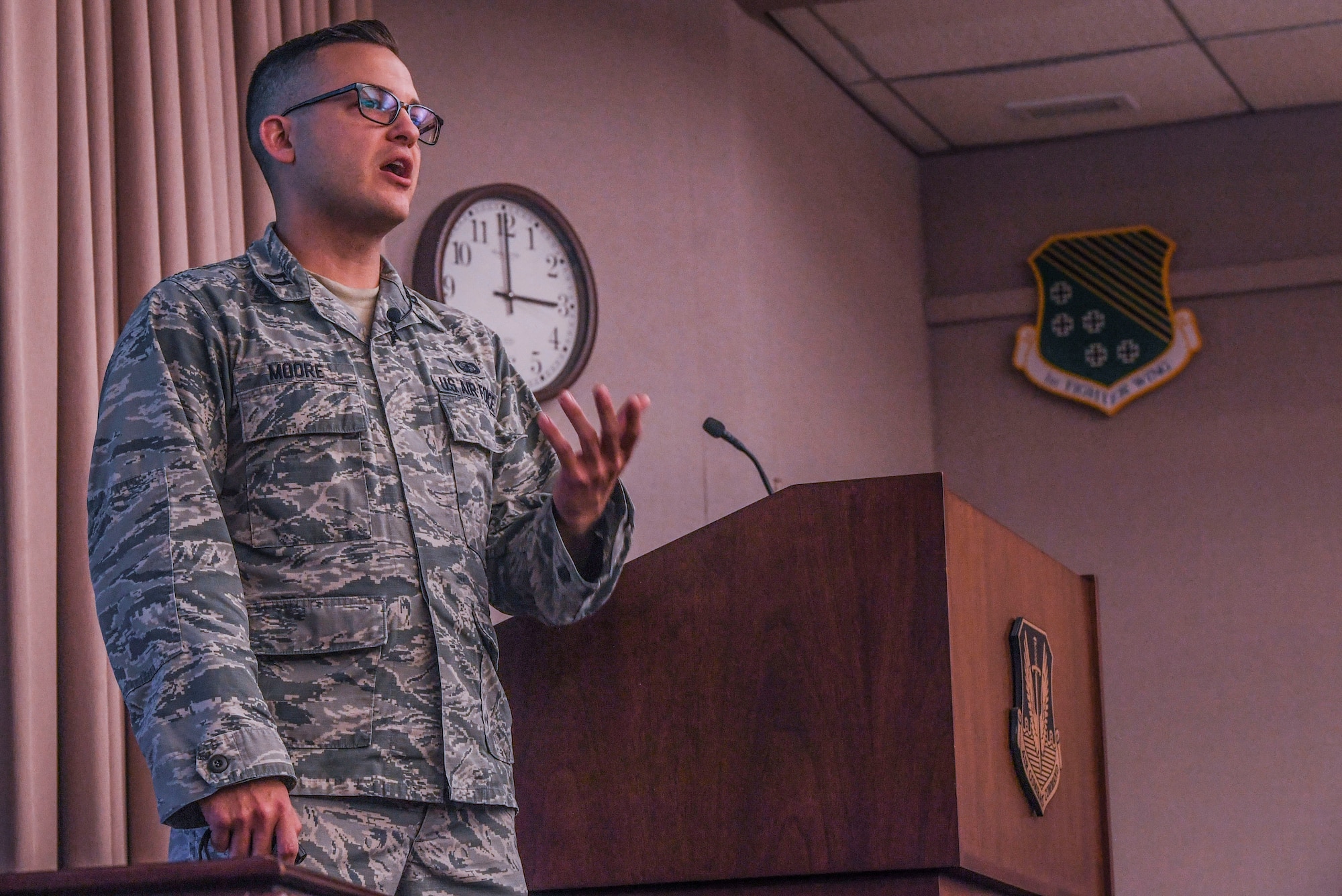 Capt. Tyler M. Moore, 67th Cyberspace Wing acquisitions officer, Joint Base San Antonio, Texas, articulates his idea to the judge’s panel during Air Combat Command’s 2020 Spark Tank competition at the Creech Conference Center on Joint Base Langley-Eustis, Virginia, Oct. 16, 2019. Moore pitched an idea called “Wholistic Care Management,” which he believes could sharpen the Air Force’s approach toward suicide prevention to ensure readiness of the force. (U.S. Air Force photo by Tech. Sgt. Nick Wilson)