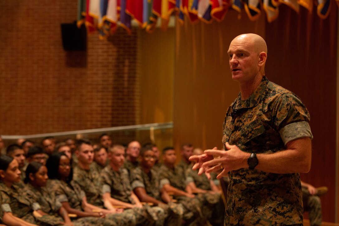 Sergeant Major of the Marine Corps Sgt. Maj. Troy E. Black speaks to Marines and Sailors with U.S. Marine Corps Forces Command at a town hall Sept. 9, 2019, at Joint Forces Staff College on Naval Support Activity Hampton Roads, Norfolk, Virginia. Black visited MARFORCOM during a tour of Marine Corps installations to discuss the Commandant’s Planning Guidance and the future of warfare, and to answer Marines’ questions.