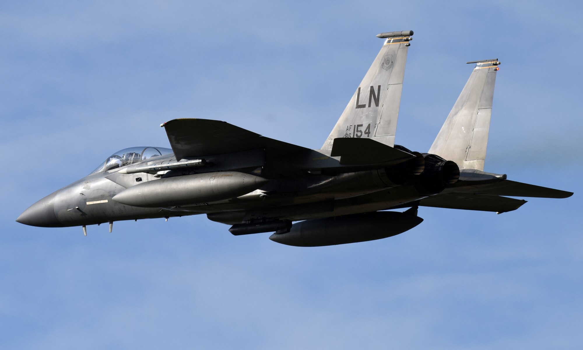 An F-15C Eagle assigned to the 493rd Fighter Squadron takes off on the flightline in support of exercise Ocean Sky at Royal Air Force Lakenheath, England, Oct. 18, 2019. Ocean Sky is an annual Spanish national fighter large force exercise that is essential to fighter combat readiness and improving interoperability among allied air forces. (U.S. Air Force photo by Airman 1st Class Madeline Herzog)