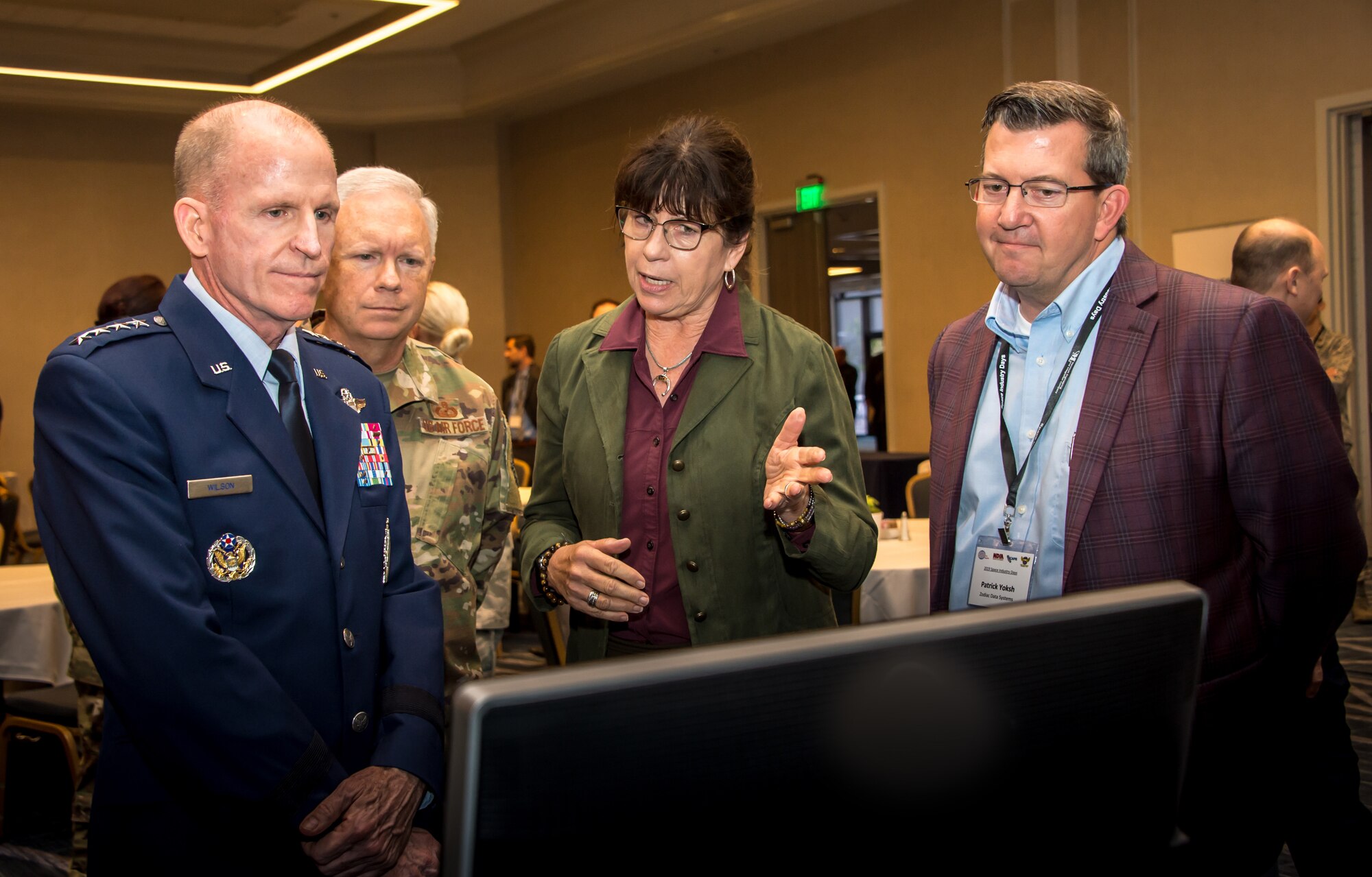 Vice Chief of Staff of the Air Force Gen. Stephen Wilson and Lt. Gen. John F. Thompson, Space and Missile Systems Center commander, visit industry exhibitor displays during Space Industry Days, Los Angeles, Calif., Oct. 17, 2019. Space Industry Days provide a venue for industry to work with U.S. Air Force space acquisition professionals to deliver space capabilities faster and smarter.
(U.S. Air Force photo by Van De Ha)