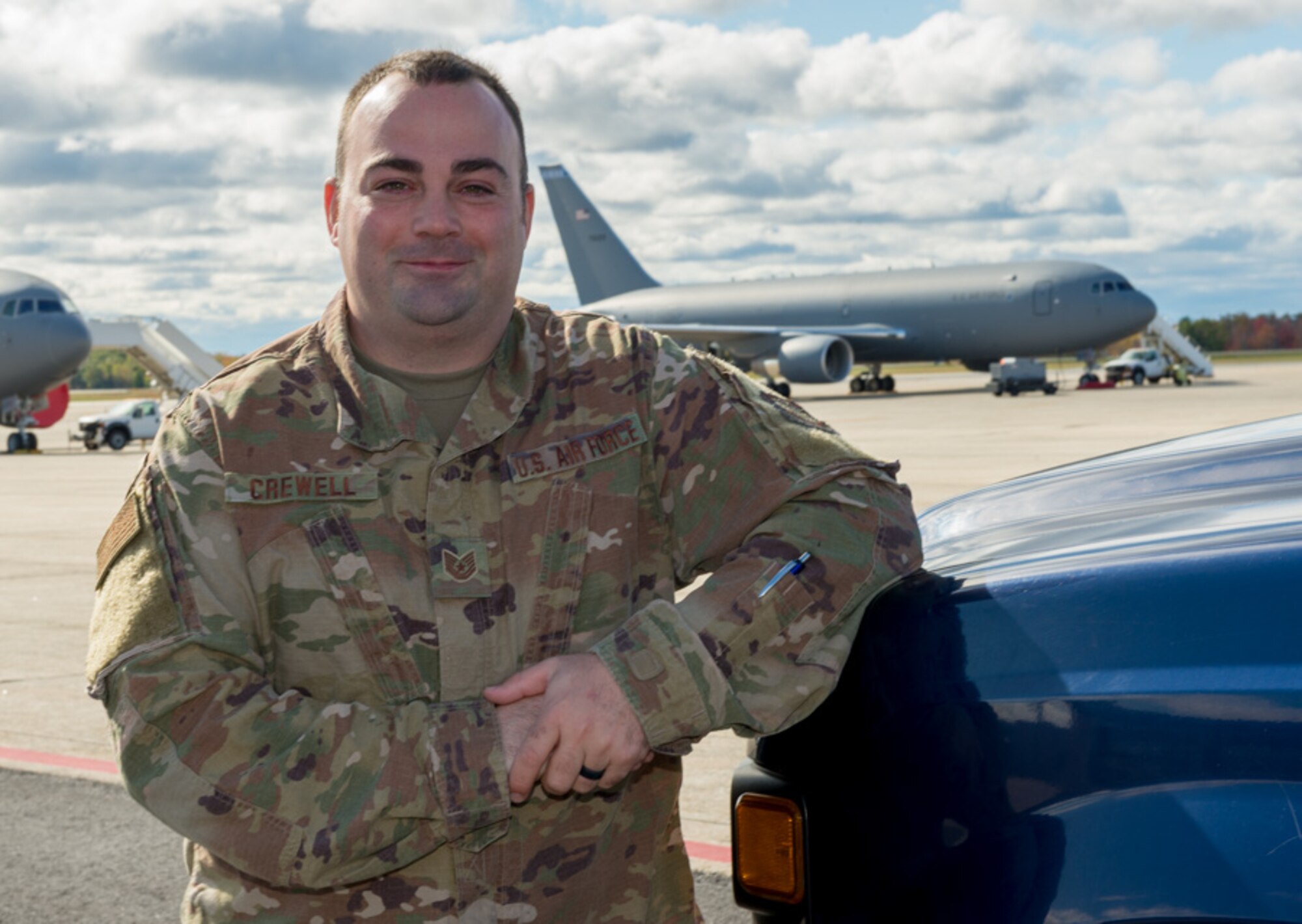 Tech. Sgt. Robert Crewell, an airfield manager assigned to the 64th Air Refueling Squadron, 157th Air Refueling Wing, Oct. 18, 2019, at Pease AIr National Guard Base, N.H. (U.S. Air National Guard photo by Tech. Sgt. Aaron Vezeau)