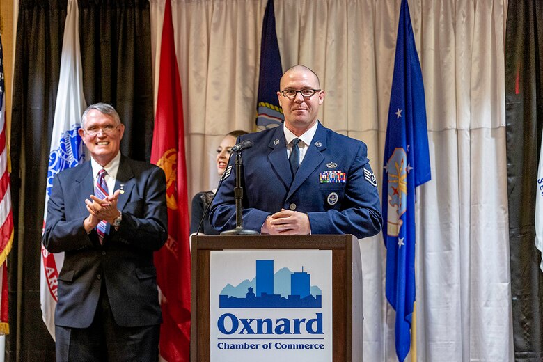 Staff Sgt. Mykal Tanner, a 344th Training Squadron Military Handling Equipment instructor, is recognized as the Oxnard Chamber of Commerce's Air Force Active Duty Member of the Year in a ceremony Sept. 20, 2019.