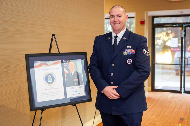 Staff Sgt. Mykal Tanner, a 344th Training Squadron Military Handling Equipment instructor, is recognized as the Oxnard Chamber of Commerce's Air Force Active Duty Member of the Year in a ceremony Sept. 20, 2019.