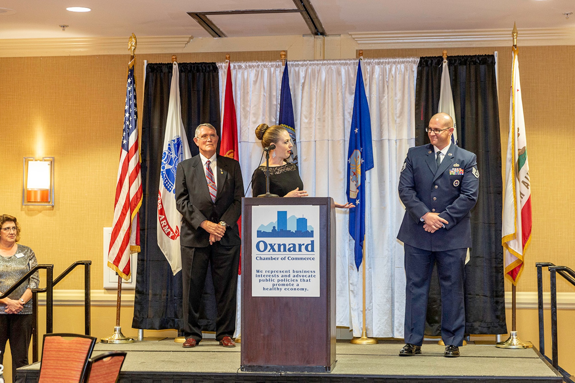 Staff Sgt. Mykal Tanner, a 344th Training Squadron Military Handling Equipment instructor, is recognized as the Oxnard Chamber of Commerce's Air Force Active Duty Member of the Year in a ceremony Sept. 20, 2019.