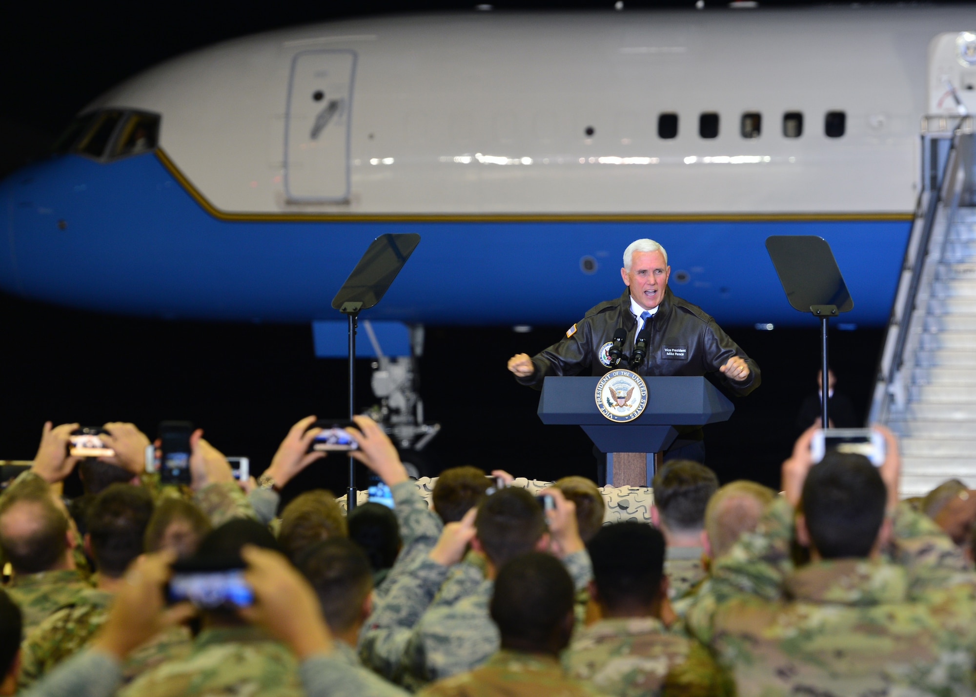 U.S. Vice President Mike Pence addresses Airmen at an all-call on Ramstein Air Base, Germany, Oct. 18, 2019. Pence spoke to Ramstein Airmen about their role in maintaining peace and security within the European theater. (U.S. Air Force photo by Staff Sgt. Jimmie D. Pike)