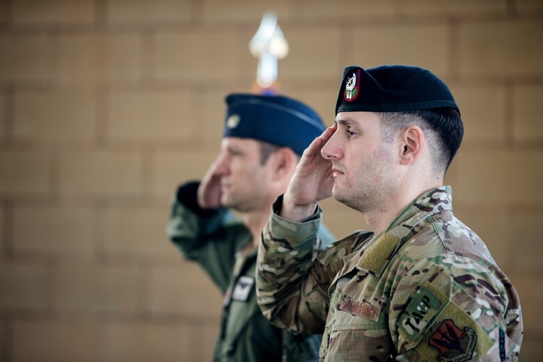 U.S. Air Force Lt. Col. James Kappes (left), 6th Combat Training Squadron operations officer, Camp Bullis, and Capt. Daniel Hill (right), incoming commander, renders a salute during the activation and assumption of command ceremony of Detachment 2, Combat Training Squadron, Sept. 17, 2019, at Joint Base San Antonio-Medina Annex, Texas.