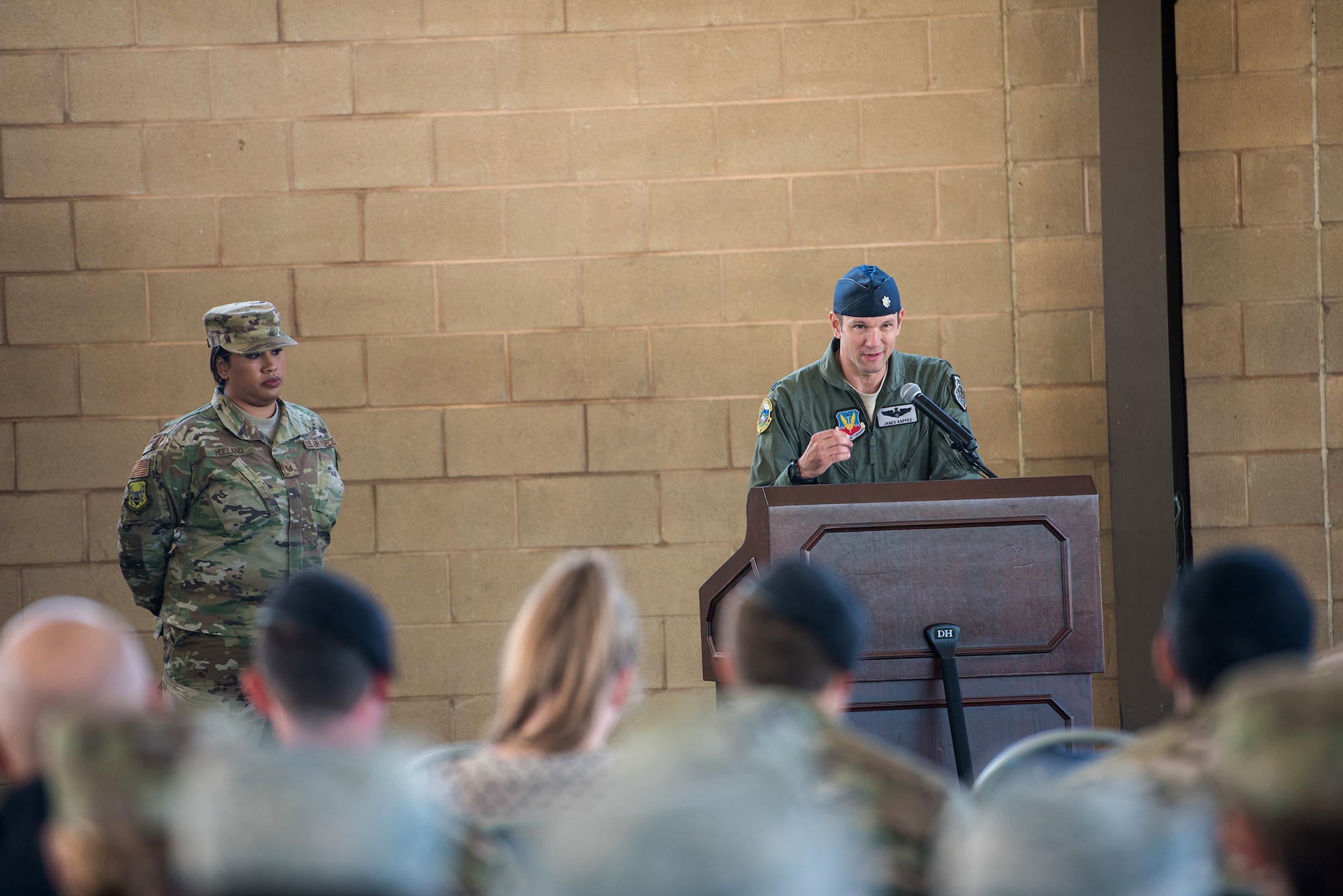 U.S. Air Force Lt. Col. James Kappes, 6th Combat Training Squadron operations officer, Camp Bullis, presents opening remarks during the activation and assumption of command ceremony of Detachment 2, Combat Training Squadron, Sept. 17, 2019, at Joint Base San Antonio-Medina Annex, Texas.