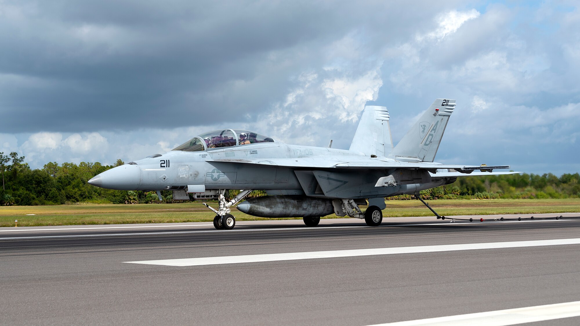 A U.S. Navy Strike Fighter Squadron 106 F/A-18F Super Hornet aircraft from Naval Air Station Oceana, Va., performs an arrested landing at MacDill Air Force Base, Fla., Oct 16, 2019. Arrested landings allow pilots to achieve rapid deceleration when landing aboard an aircraft carrier. They are performed by lowering the arresting hook until it engages an arresting cable, which is stretched across the landing area and absorbs the energy of the aircraft once engaged.