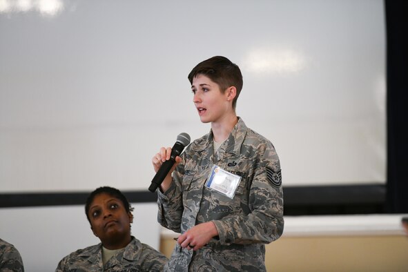 U.S. Air Force Tech. Sgt. Brittany Baze, Defense Language Institute Foreign Language Center curriculum advisor, speaks during a panel interview as part of the Foreign Language Design Sprint event held at the Presidio of Monterey, Calif., Oct. 15 through 17. Over the course of the three day event, the participants, government stakeholders and experts from academia, discuss potential research topics and develop plans for updating the Air Force language training curriculum. (Official DOD photo by Leo Carrillo)