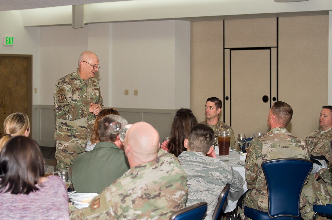 Gen. Arnold Bunch, Commander, Air Force Materiel Command, talks to various members of the 412th Test Wing during his visit to Edwards Air Force Base, California, Oct. 18. (U.S. Air Force photo by Richard Gonzales)