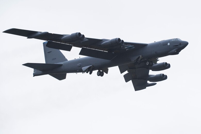 A B-52H Stratofortress takes off from RAF Fairford