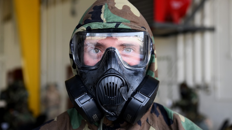 Senior Airman participates in chemical, biological, radiological, nuclear and explosive defense training