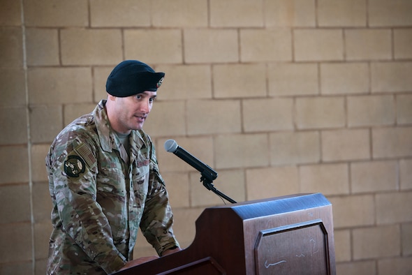 U.S. Air Force Capt. Daniel Hill, incoming commander, addresses the audience during the activation and assumption of command ceremony of Detachment 2, Combat Training Squadron, Sept. 17, 2019, at Joint Base San Antonio-Medina Annex, Texas.