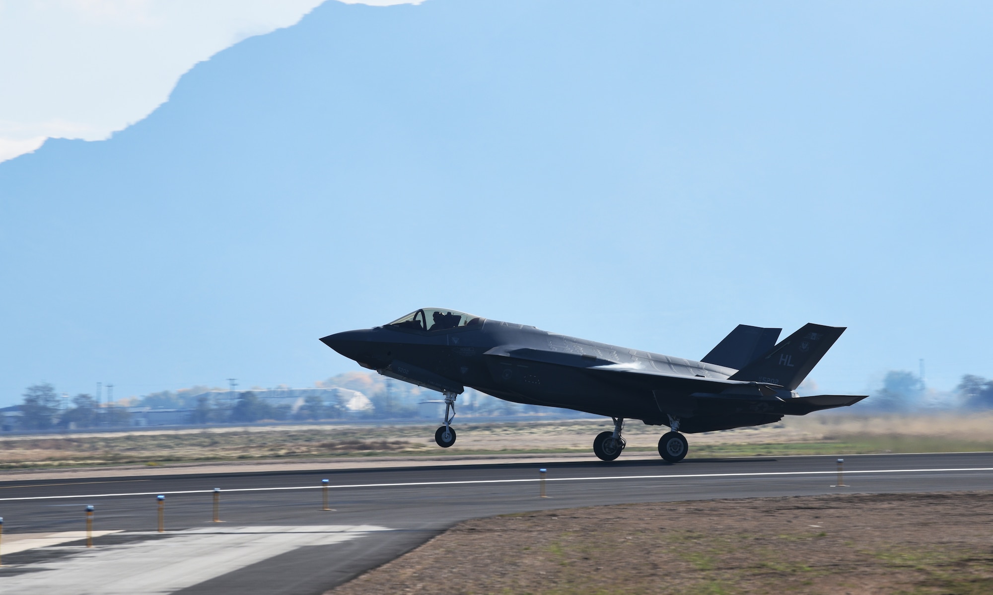 An F-35A Lightning II takes off from Hill Air Force Base, Utah. Make-A-Wish children visited the 388th Fighter Wing where they spent the day learning what it's like to be a pilot. They received flight suits, name tapes, patches, and wings. (U.S. Air Force photo by Micah Garbarino)
