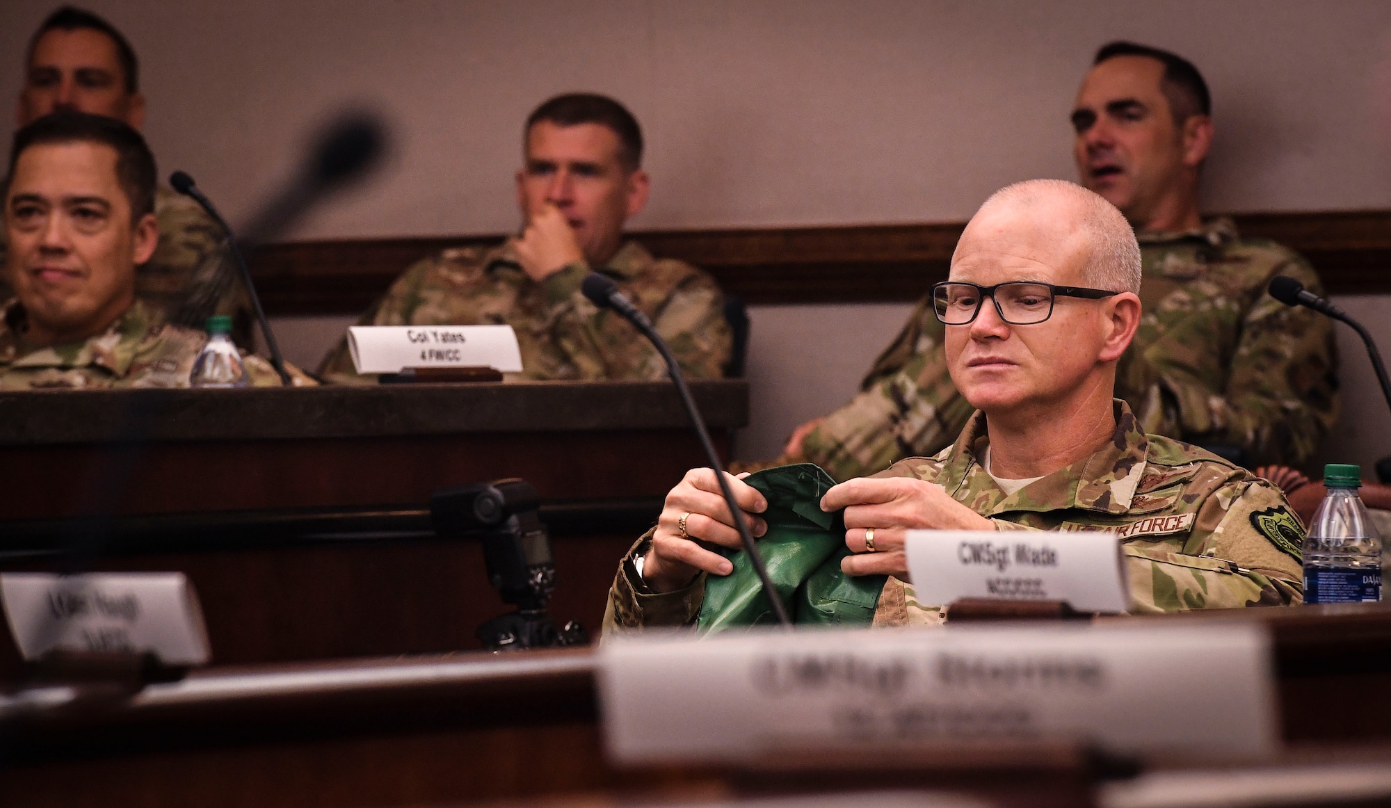 Air Combat Command Deputy Commander Lt. Gen. Christopher P. Weggeman, holds a portable magnetic aircraft cover, during ACC’s 2020 Spark Tank competition at the Creech Conference Center on Joint Base Langley-Eustis, Virginia, Oct. 16, 2019. The competition, which is part of an Air Force-wide innovation initiative, encourages Airmen of all ranks and careers generate innovative ideas that save time, money and maintain readiness. (U.S. Air Force photo by Tech. Sgt. Nick Wilson)