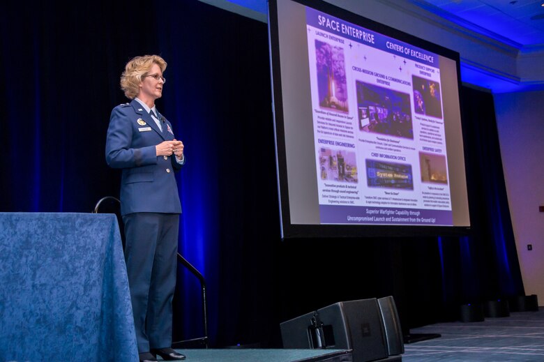 U.S. Air Force Brig. Gen. Donna D. Shipton, Space and Missile Systems Center (SMC) vice commander and program executive officer for Space Enterprise Corps, speaks during Space Industry Days, Los Angeles, Calif., Oct. 17, 2019. She highlighted the achievements of Space Enterprise Corps and the importance of speeding up the acquisition process in developing, acquiring, and sustaining military space systems. Space Industry Days provide an opportunity for industry to work with U.S. Air Force space acquisition professionals to deliver space capabilities faster and smarter.

(U.S. Air Force photo by Van De Ha)