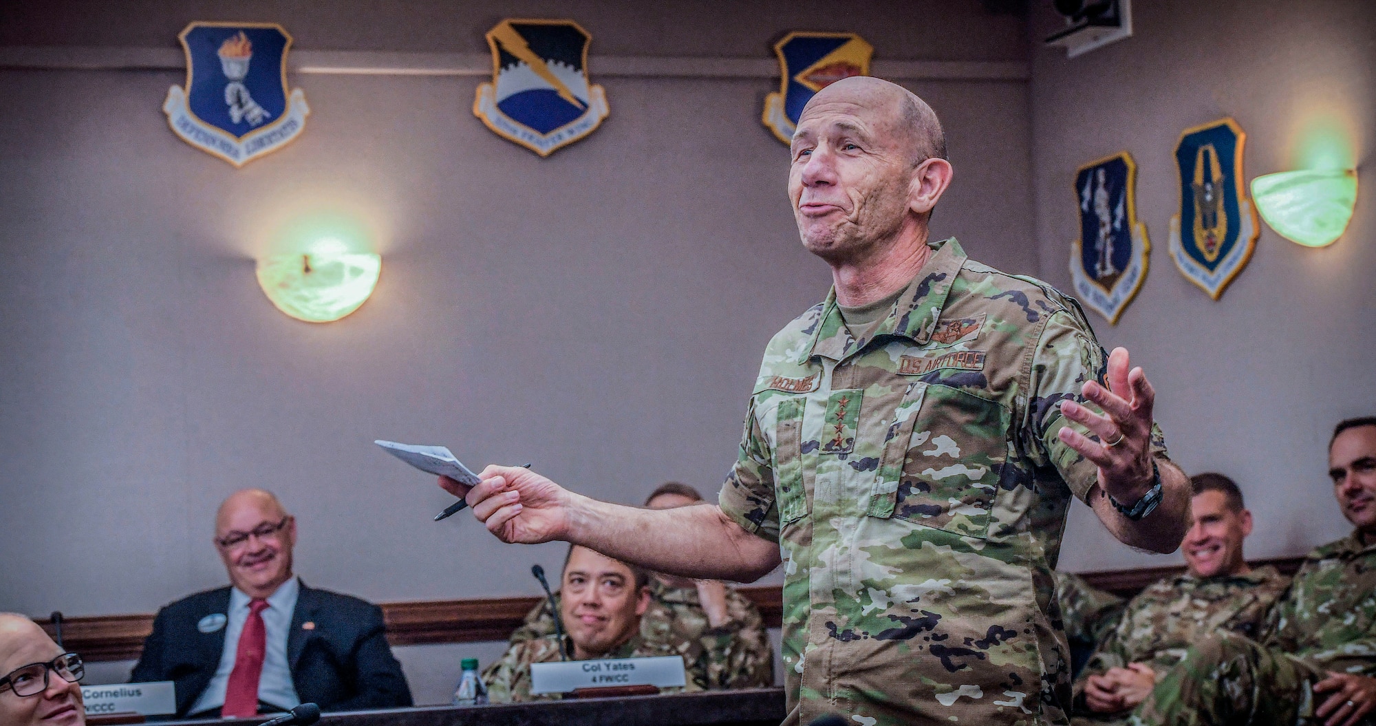 General Mike Holmes, commander of Air Combat Command, speaks to judges during ACC’s 2020 Spark Tank competition at the Creech Conference Center on Joint Base Langley-Eustis, Virginia, Oct. 16, 2019. Six teams of Airmen from bases across ACC presented their ideas. The winning teams will move on to the finals in Washington D.C. to compete at the Air Force level against finalists from other commands. (U.S. Air Force photo by Tech. Sgt. Nick Wilson)