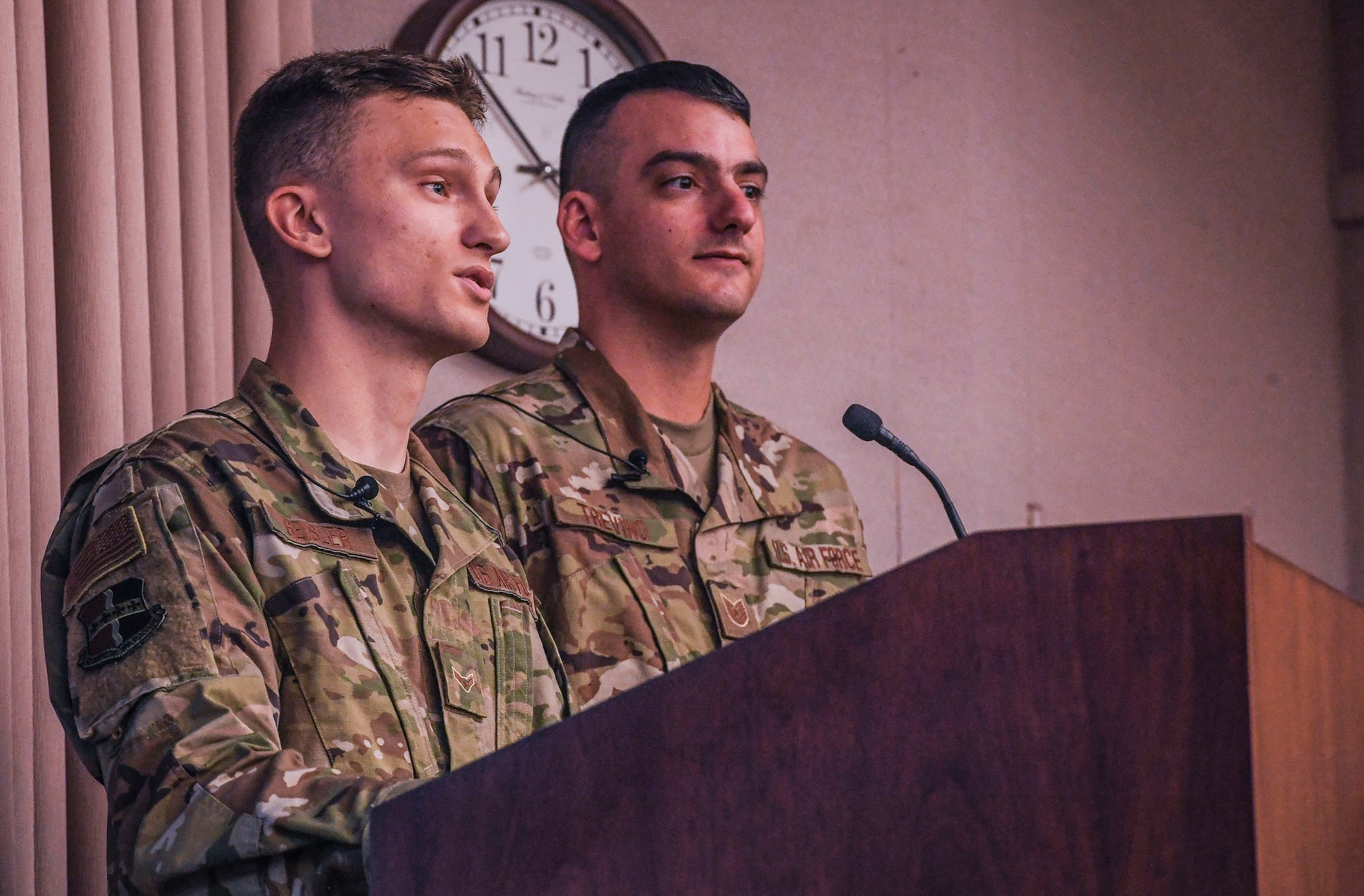 Senior Airman Brett Geisler, 9th Maintenance Squadron electrical and environmental technician, Beale Air Force Base, California, and Tech. Sgt. Jean-Paul Trevino, 9th MXS E&E noncommissioned officer in charge, present their idea to the judge’s panel during Air Combat Command’s 2020 Spark Tank competition at the Creech Conference Center on Joint Base Langley-Eustis, Virginia, Oct. 16, 2019. Geisler’s idea to remedy seals on the latch assembly of aircraft canopies has the potential to not only save thousands of dollars, but also reduce man hours by 26 percent. (U.S. Air Force photo by Tech. Sgt. Nick Wilson)