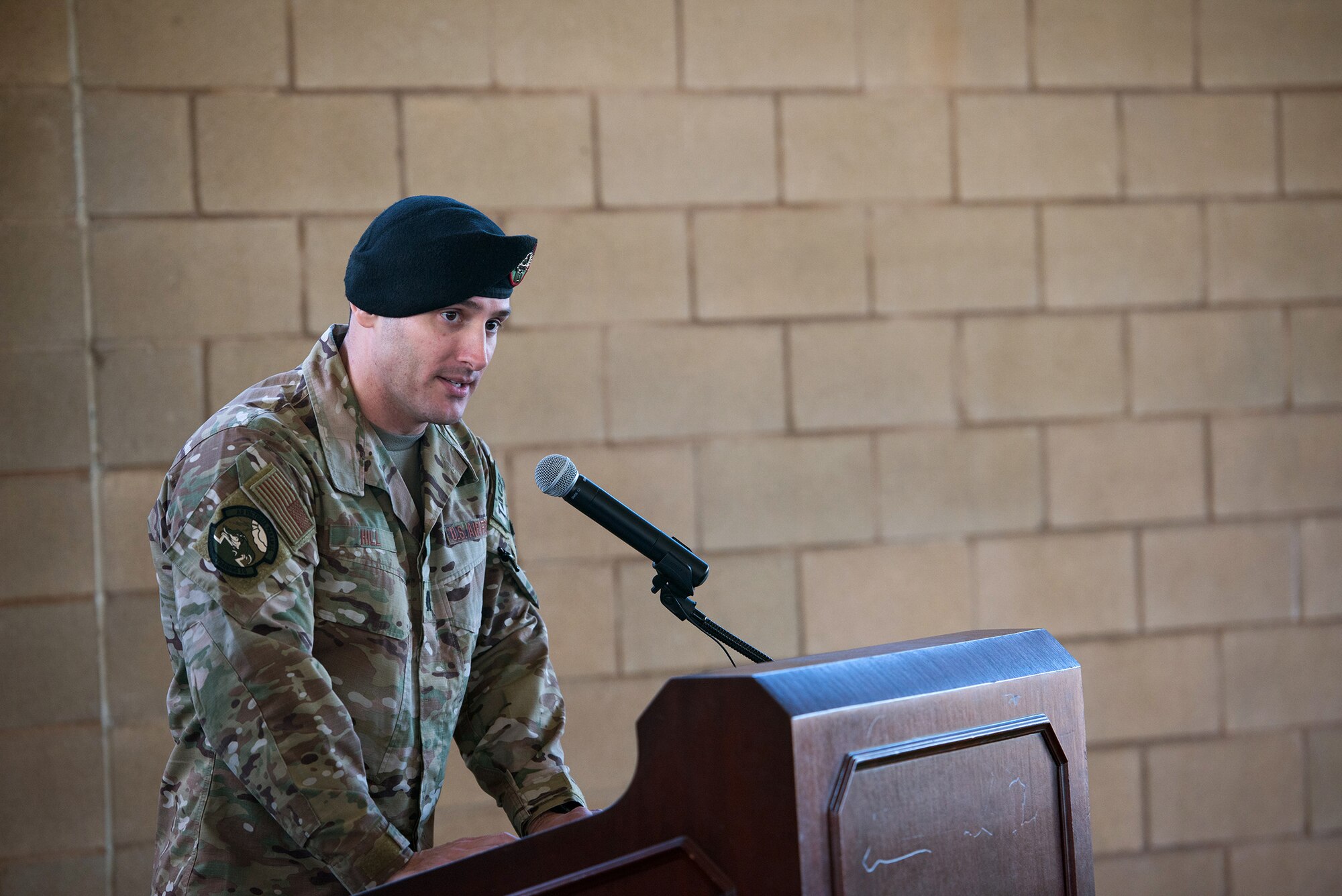 U.S. Air Force Capt. Daniel Hill, incoming commander, addresses the audience during the activation and assumption of command ceremony of Detachment 2, Combat Training Squadron, Sept. 17, 2019, at Joint Base San Antonio-Medina Annex, Texas.