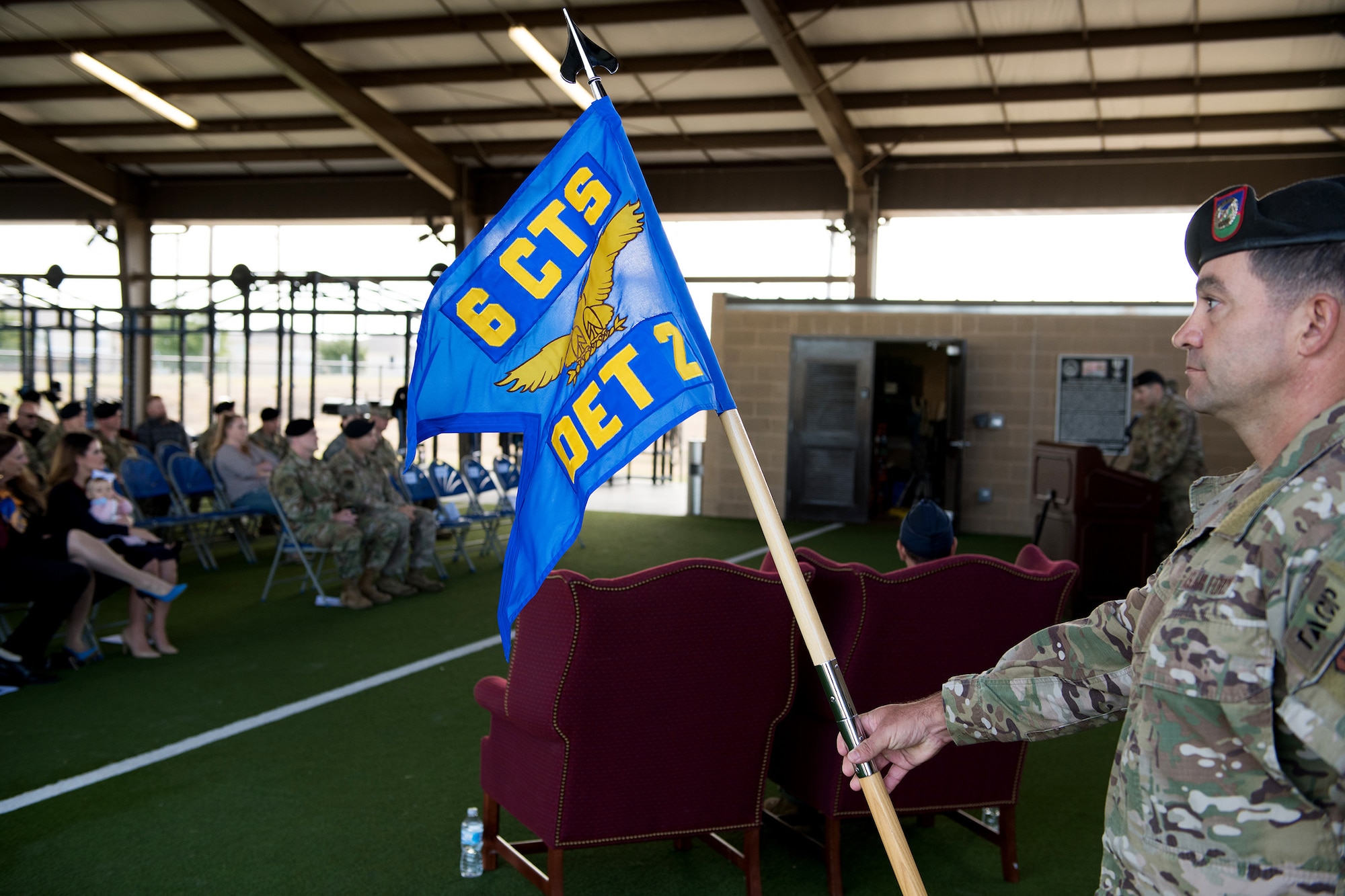 U.S. Air Force Capt. Daniel Hill, incoming commander, addresses the audience during the activation and assumption of command ceremony of Detachment 2, Combat Training Squadron, Sept. 17, 2019, at Joint Base San Antonio-Medina Annex, Texas.