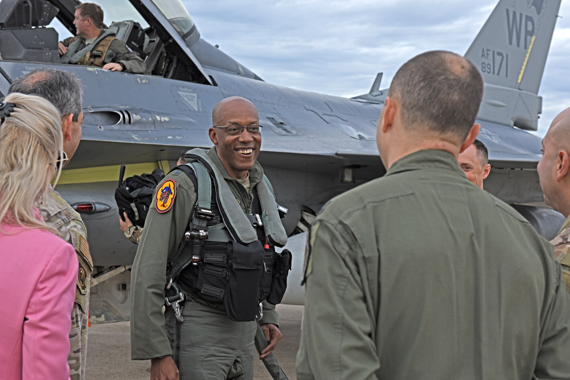 U.S. Air Force Gen. CQ Brown, Jr. Pacific Air Forces commander, is greeted by 8th Fighter Wing leaders during a visit to Kunsan Air Base, Republic of Korea, Oct. 18, 2019. During his visit, the former Wolf learned about the significant infrastructure upgrades to Kunsan, the development of the surrounding areas and emphasized the importance of U.S. Indo-Pacific Command. (U.S. Air Force photo by Staff Sgt. Mackenzie Mendez)