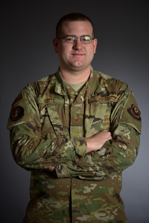 U.S. Air Force Staff Sgt. Alexander Butts, 352nd Special Operations Aircraft Maintenance MC-130J Commando II engine journeyman, poses for a photo at RAF Mildenhall, England, Oct. 17, 2019. Butts was recognized by 352d Special Operations Wing leadership for stepping in and preventing an individual in the local community from committing suicide. (U.S. Air Force photo by Airman 1st Class Brandon Esau)