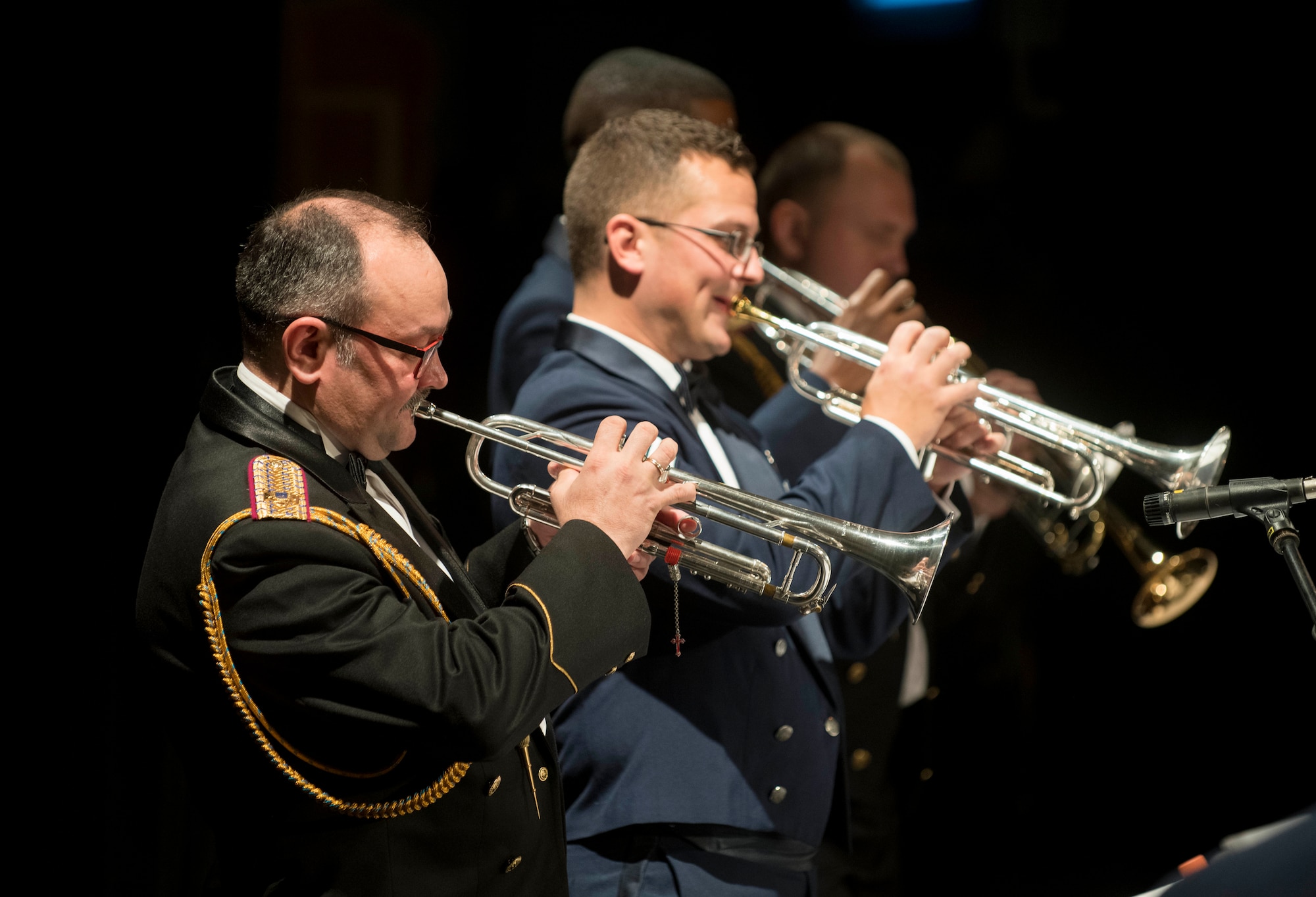Dmytro Miedviediev, Ukrainian National Presidential Orchestra trumpeter, plays the trumpet alongside U.S. Air Force Staff Sgt. Nick DelVillano, U.S. Air Forces in Europe Ambassadors Jazz Band trumpeter, during a concert with the USAFE Band, L’viv Opera Chamber Orchestra and Ukrainian National Presidential Orchestra at the Lviv National Opera, Lviv, Ukraine, October 9, 2019. The USAFE Band traveled to six cities in central and western Ukraine October 6-20, 2019 to conduct the “Music of Freedom” tour, which celebrated the shared spirit of freedom and enduring partnership between U.S. and Ukrainian armed forces. (U.S. Air Force photo by Airman 1st Class Jennifer Zima)