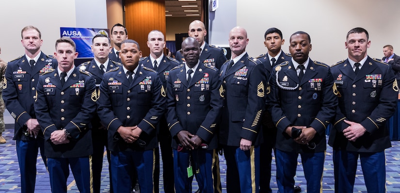 Eleven Soldiers were awarded the Expert Soldiers Badge at the at the Eisenhower Luncheon during the Association of the United States Army annual meeting and exposition at the Walter E. Washington Convention Center in Washington, D.C. Oct. 14. (Photo courtesy of the U.S. Army)