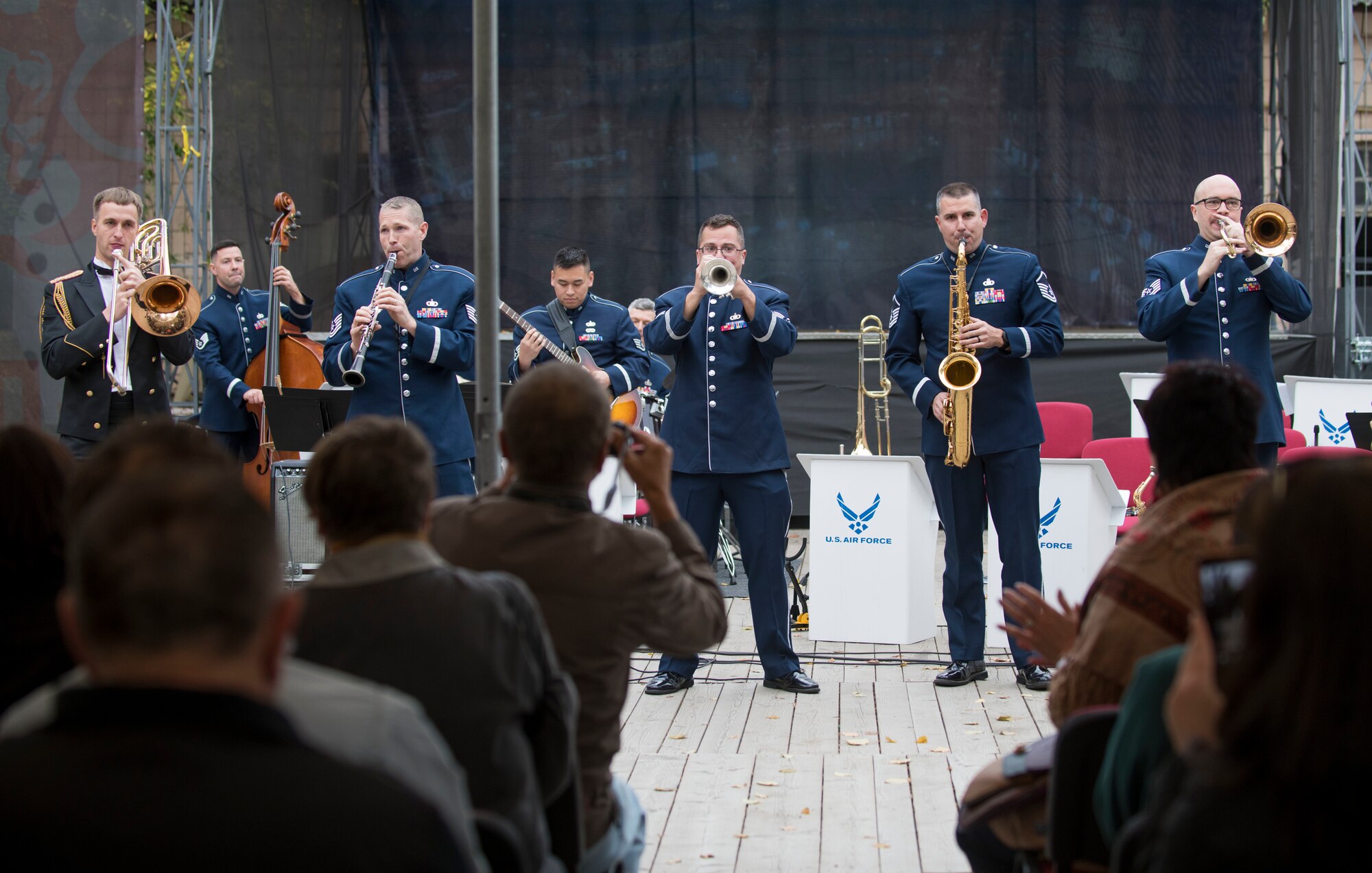 Members of the U.S. Air Forces in Europe Ambassadors Jazz Band and the Ukrainian National Presidential Orchestra play for the audience during a master class and jam session in Ivano-Frankivsk, Ukraine, Oct. 10, 2019. The USAFE Band traveled to six cities in central and western Ukraine October 6-20, 2019 to conduct the “Music of Freedom” tour, which celebrated the shared spirit of freedom and enduring partnership between U.S. and Ukrainian armed forces. (U.S. Air Force photo by Airman 1st Class Jennifer Zima)