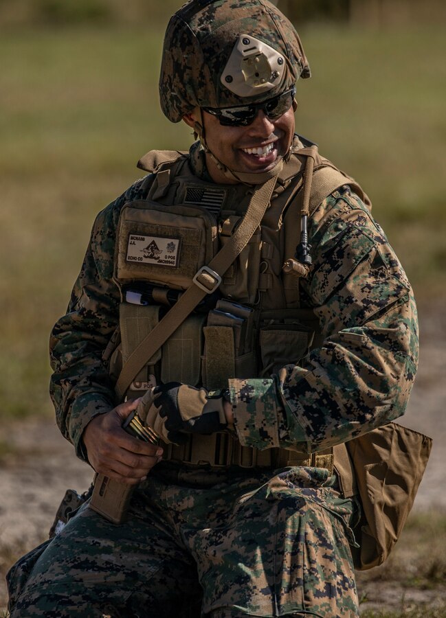 U.S. Marine Corps Maj. John McNabb, an infantry officer with 4th Reconnaissance Battalion, loads his magazine at Range K501, Marine Corps Base Camp Lejeune, North Carolina, Oct. 17, 2019. The DPC/RSU-East provides support to non-mobilized Reserve Component unit training, conducts Individual Augment deployment/re-deployment processing, and supports activated Reserve units/dets while aboard Camp Lejeune in order to support total force integration during mobilization. (U.S. Marine Corps photo by Pfc. Leslie Alcaraz)