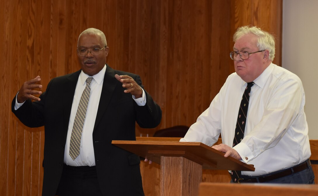 Judges Scott Stucky and John Sparks of the United States Court of Appeals for the Armed Forces (USCAAF), met with members of the Hill legal community Oct. 17 to discuss the appeals process and answer questions.