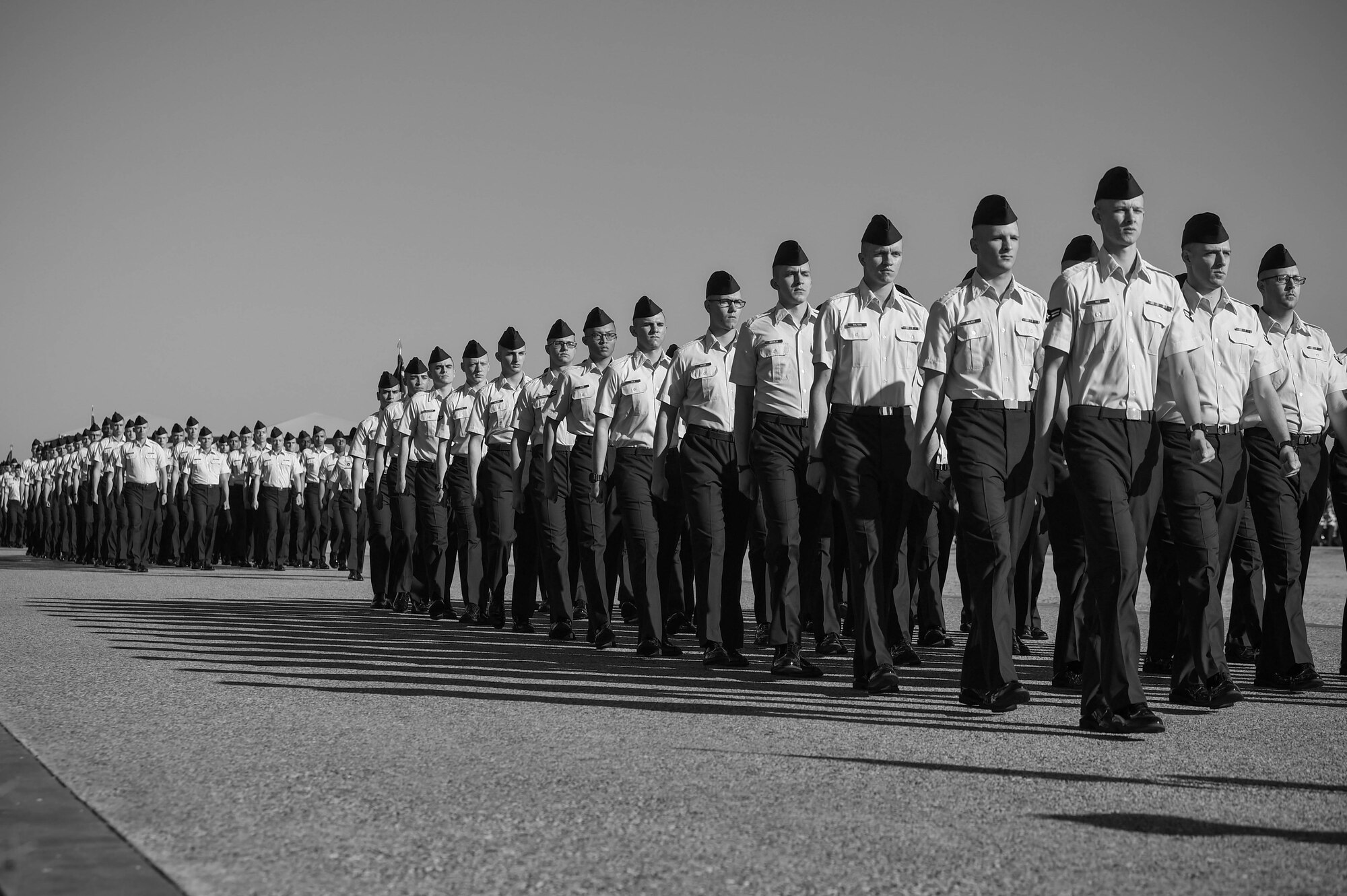 United States Air Force basic military training (BMT) flights march across the enlisted heroes walk in the graduation parade on Lackland Air Force Base, Texas, Oct. 18, 2019. Graduates of BMT have completed eight weeks of demanding training and learned what how and waht it means to be an Airman.