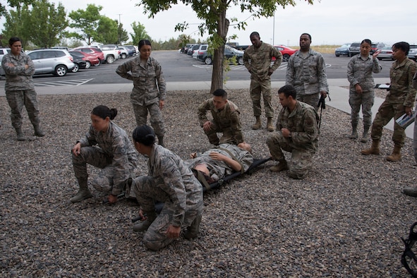 Airmen practice transporting a simulated casualty, Sept 16, 2019, at Mountain Home Air Force Base, Idaho.