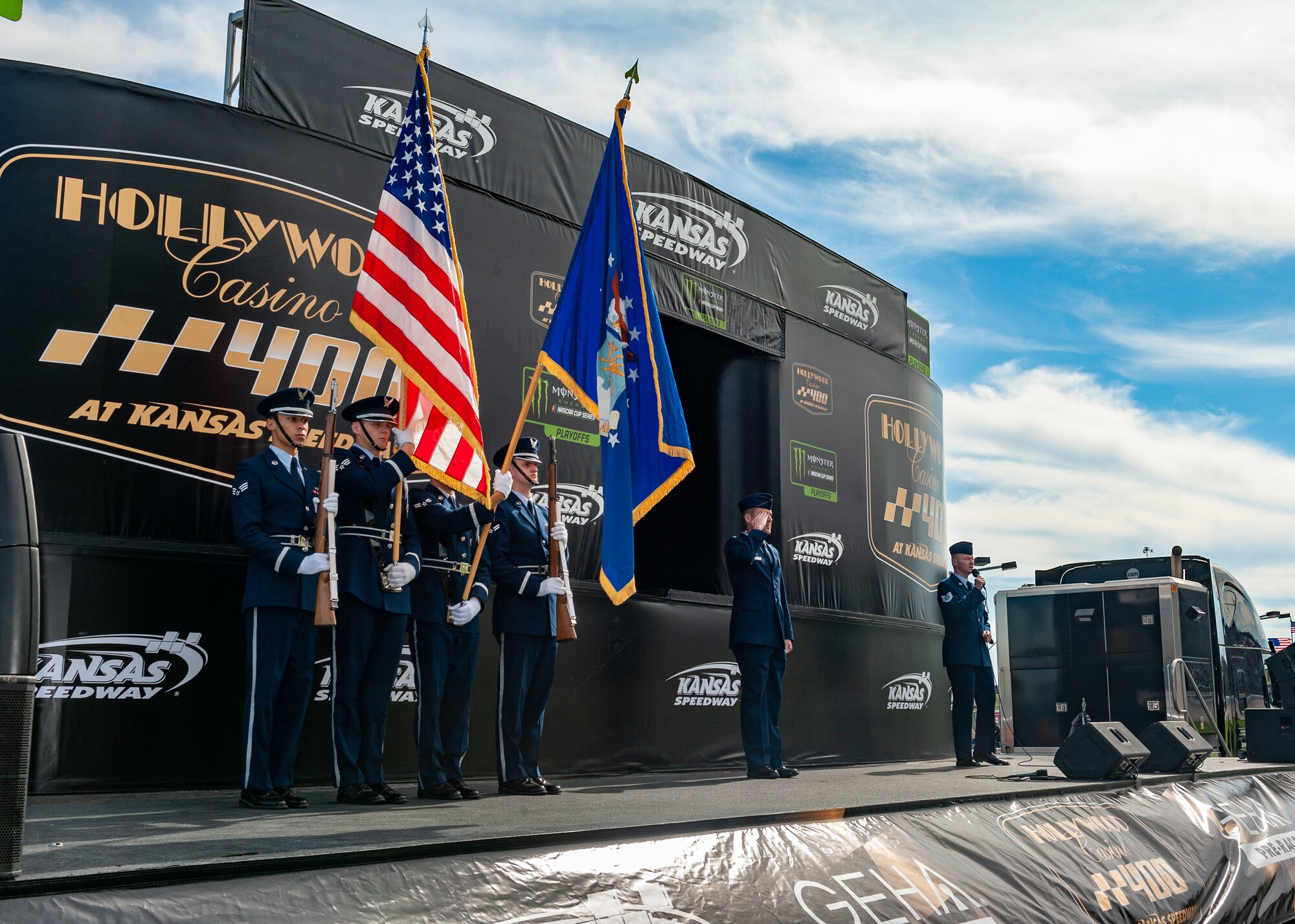 Team Whiteman Airmen supported the local community at Kansas City, Mo., Oct. 20, 2019, during the Kansas Speedway Hollywood Casino 400 Sprint Cup. Service members took time to greet and meet with local community members, performed the National Anthem and displayed the B-2 Spirit with a flyover during the opening ceremony. (U.S. Air Force photo by Senior Airman Thomas Barley)