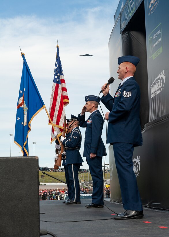Team Whiteman Airmen supported the local community at Kansas City, Mo., Oct. 20, 2019, during the Kansas Speedway Hollywood Casino 400 Sprint Cup. Service members took time to greet and meet with local community members, performed the National Anthem and displayed the B-2 Spirit with a flyover during the opening ceremony. (U.S. Air Force photo by Senior Airman Thomas Barley)