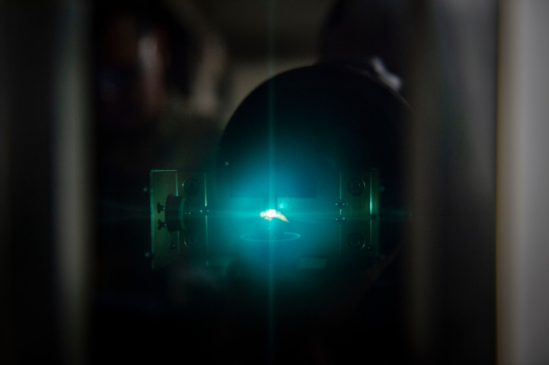 An oil analysis spectrometer analyzes an oil sample during an inspection Oct. 21, 2019, at Moody Air Force Base, Ga. Joint oil analysis inspections are performed after each aircraft flight to detect abnormal wear of an aircraft engine and prevent catastrophic failure. The 23d Maintenance Squadron Airmen use an oil analysis spectrometer fitted with a carbon rod and disc to determine the concentration of elements, such as zinc and iron, present within the engine parts. (U.S. Air Force photo by Airman Azaria E. Foster)