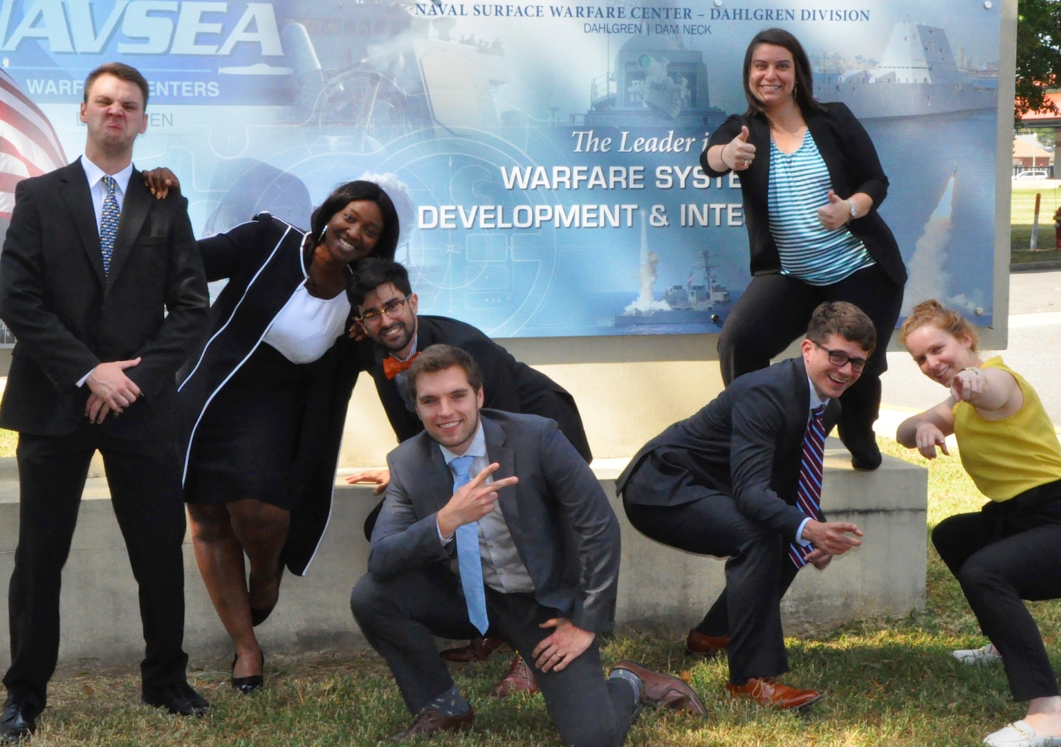 IMAGE: DAHLGREN (Sept. 26, 2019) - The Naval Surface Warfare Center Dahlgren Division (NSWCDD) Sly Fox Mission 26 team are pictured after presenting a final brief on their project, PERSEUS, to NSWCDD leadership. The team developed PERSEUS as the basis to solve the power management issues the Navy faces as new electrical systems and directed energy weapons are integrated aboard warships. Sly Fox team members left to right: Tyler Boitnott, Dominique James, Kyle Dalton, Steven Lohrey (front), Michael Joram, Emily Rabin (back), and Bridgett Burg.
(Photo by U.S. Navy/Released)