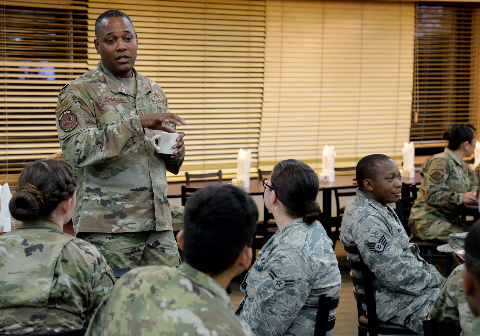 U.S. Air Force Chief Master Sgt. Anthony Johnson, Pacific Air Forces command chief, talks to Team Osan Airmen during a visit, Oct. 17, 2019, at Osan Air Base, Republic of Korea. While gaining an in-depth exposure of the installation’s unique mission, Johnson alongside Gen. CQ Brown, Jr., PACAF commander, used the visit as an opportunity to explain PACAF’s priorities and how vital Team Osan is in contributing to the Indo-Pacific region’s security and stability. (U.S. Air Force photo by Tech. Sgt. Matt Davis)