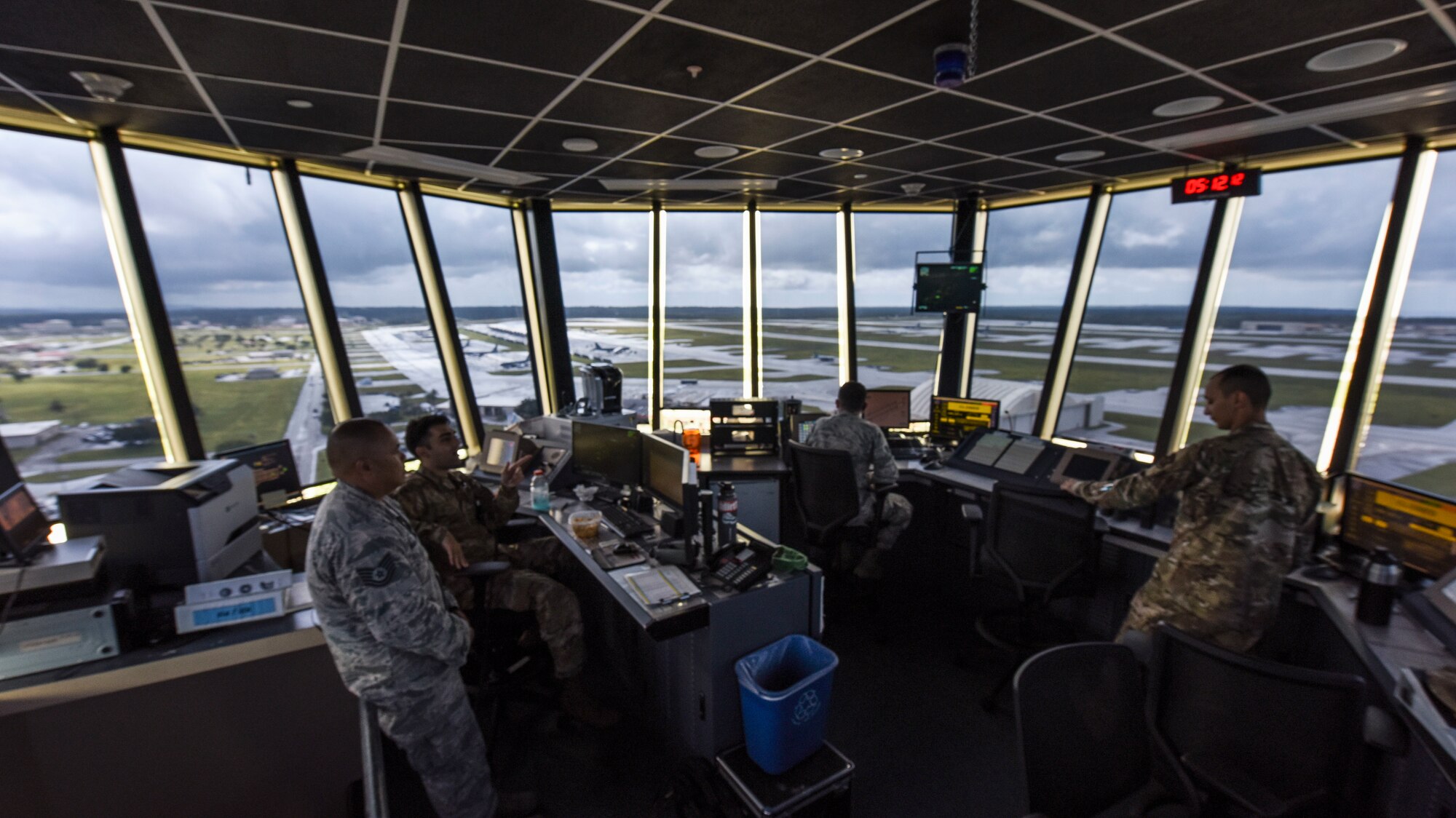 Andersen air traffic controllers monitor the local airspace from the air traffic control tower September 17, 2019, Andersen Air Force Base, Guam.