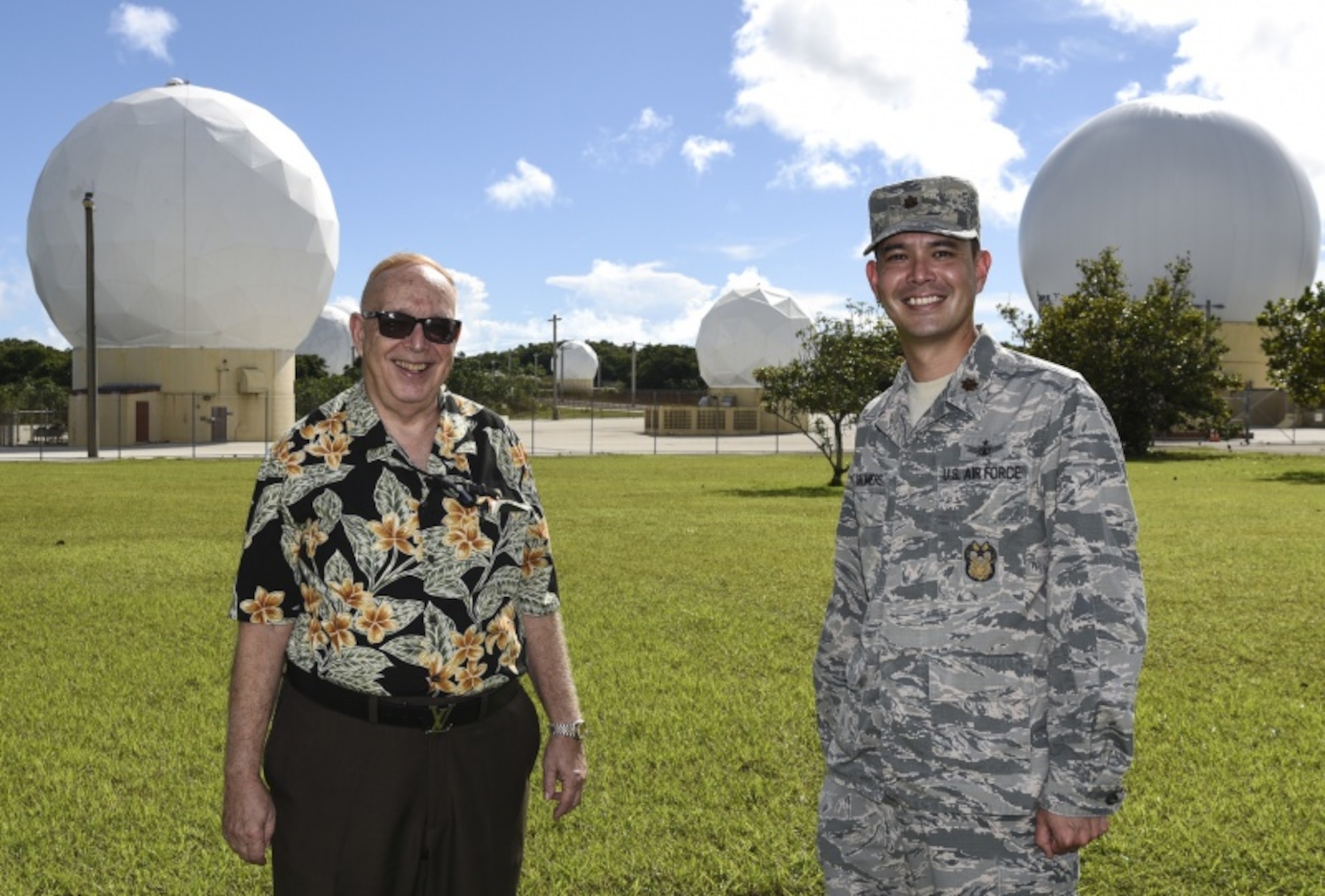 Joel E. Chalmers (left), Detachment 2, 21st Space Operations Squadron station manager and Major Joel N. Chalmers, 36th Wing Inspector General director of inspections, pose for a photo on Northwest Field, Andersen Air Force Base, Guam, Oct. 2, 2019.