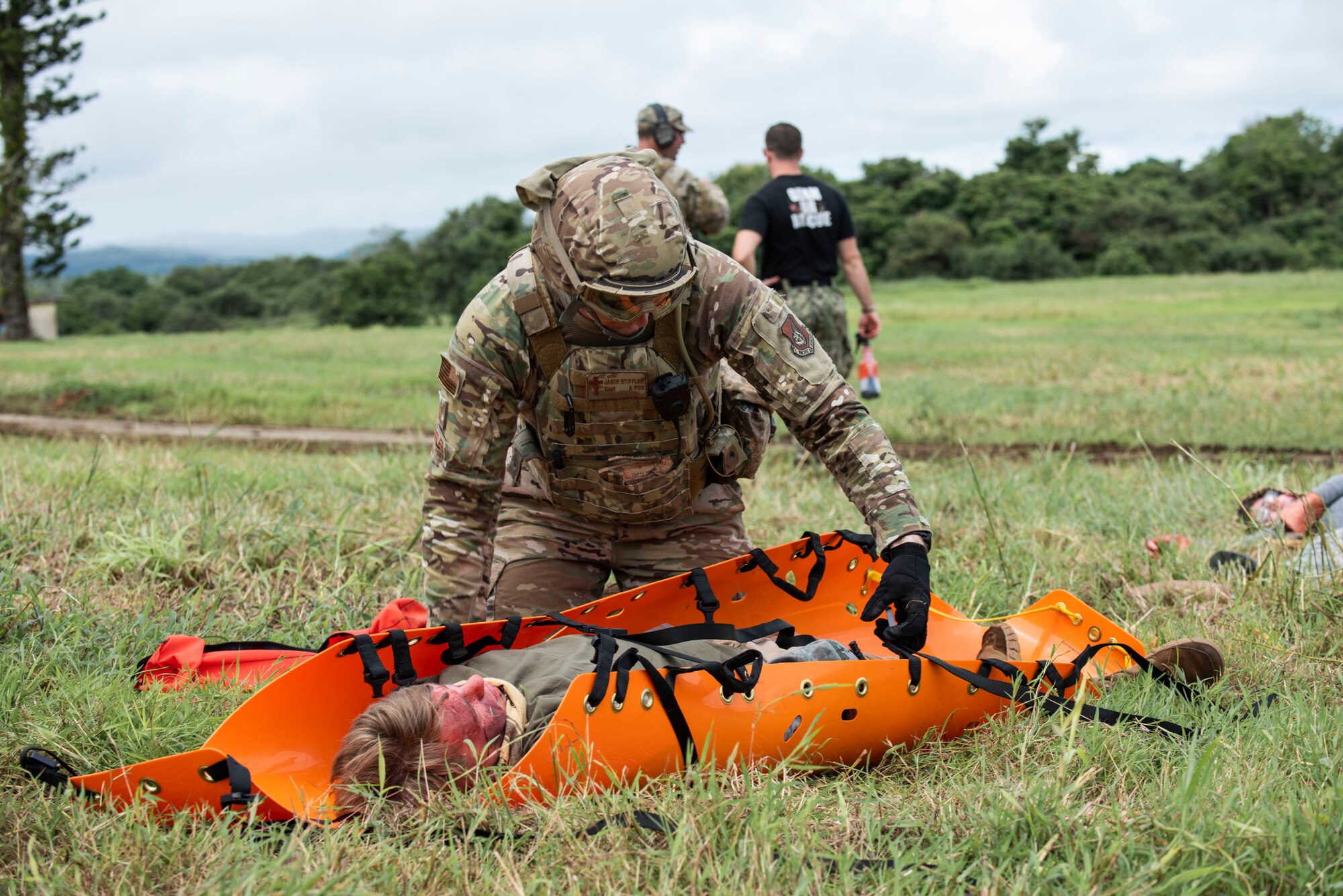 Capt. Jaime Stiffler, 36th Wing chaplain, practices emergency medical care and evacuation during Dragon Forge Sept. 9, 2019 on Andersen Air Force Base, Guam.