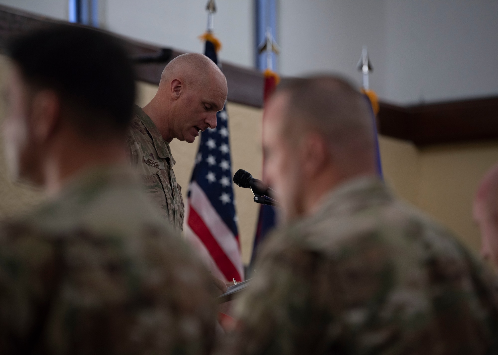 Capt. Jaime Stiffler, 36th Wing chaplain, gives the invocation during a ceremony Sept. 10, 2019 on Andersen Air Force Base, Guam.