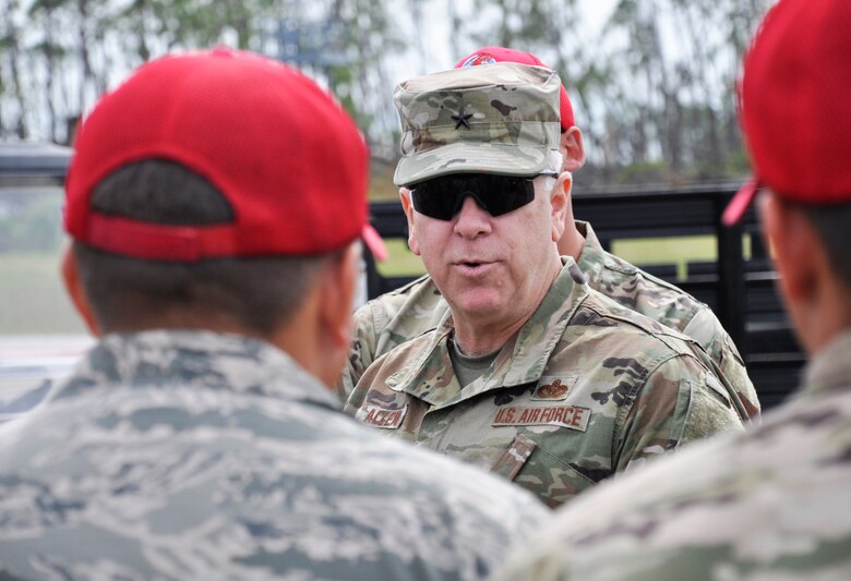Brig. Gen. John Allen, Air Force Director of civil engineers, talks to a crowd of RED HORSE members during day four of the Readiness Challenge beta test Oct. 17, 2019, at the Silver Flag exercise site, Tyndall AFB, Florida. (U.S. Air Force photo by David Ford)