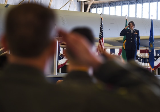 U.S. Air Force Lt. Col. Cindy Dawson, 97th Air Refueling Squadron commander, returns the squadron’s first salute during the squadron’s reactivation ceremony and Assumption of Command at Fairchild Air Force Base, Washington Oct. 18, 2019.