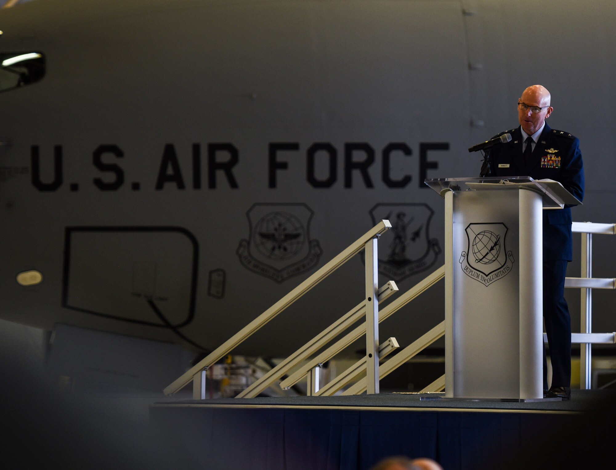 U.S. Air Force Maj. Gen. Sam Barrett, 18th Air Force commander, gives a speech during the 97th Air Refueling Squadron’s reactivation ceremony and Assumption of Command at Fairchild Air Force Base, Washington Oct. 18, 2019.