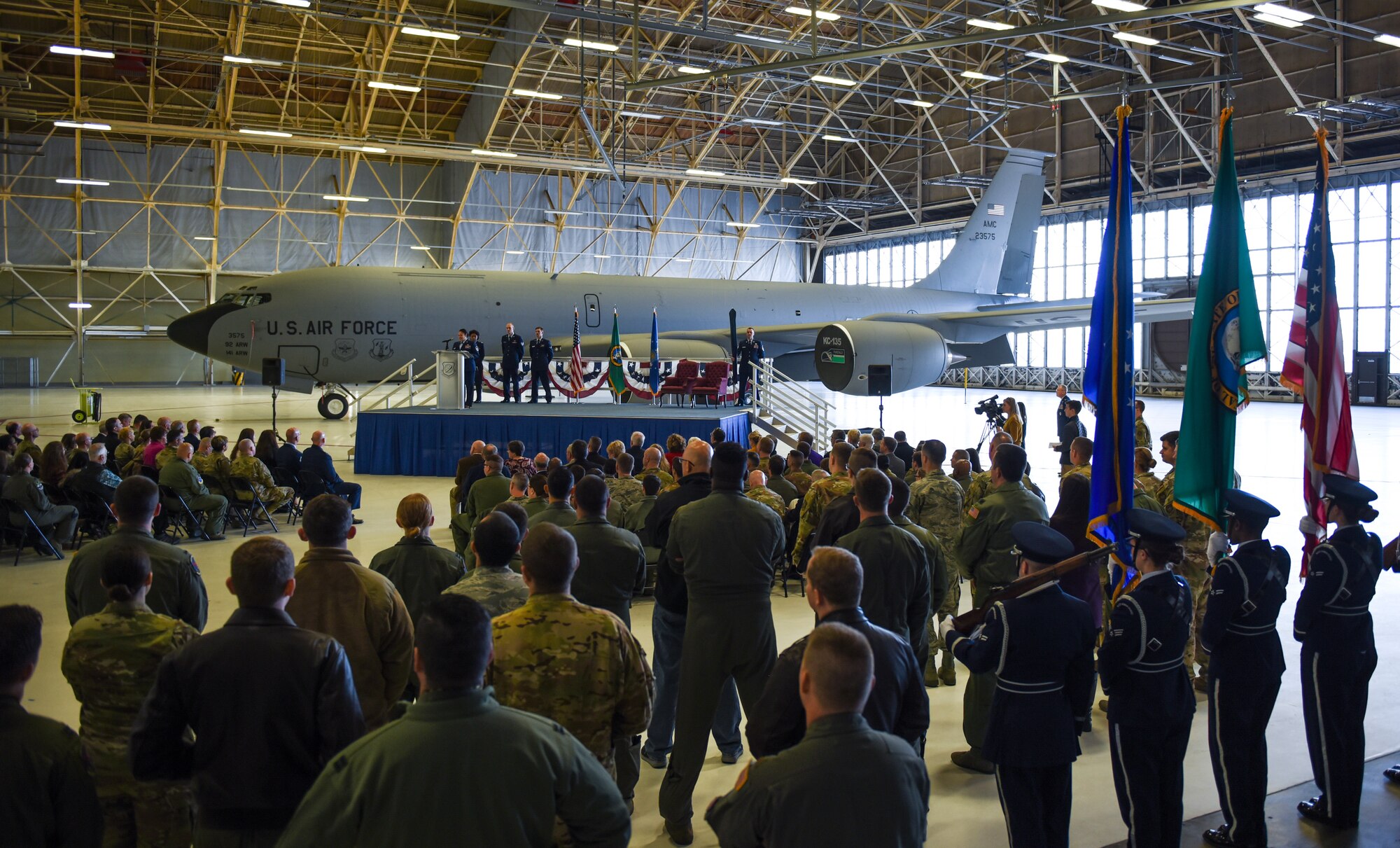Members of Team Fairchild and the surrounding community gather for the 97th Air Refueling Squadron’s reactivation ceremony and Assumption of Command at Fairchild Air Force Base, Washington Oct. 18, 2019.