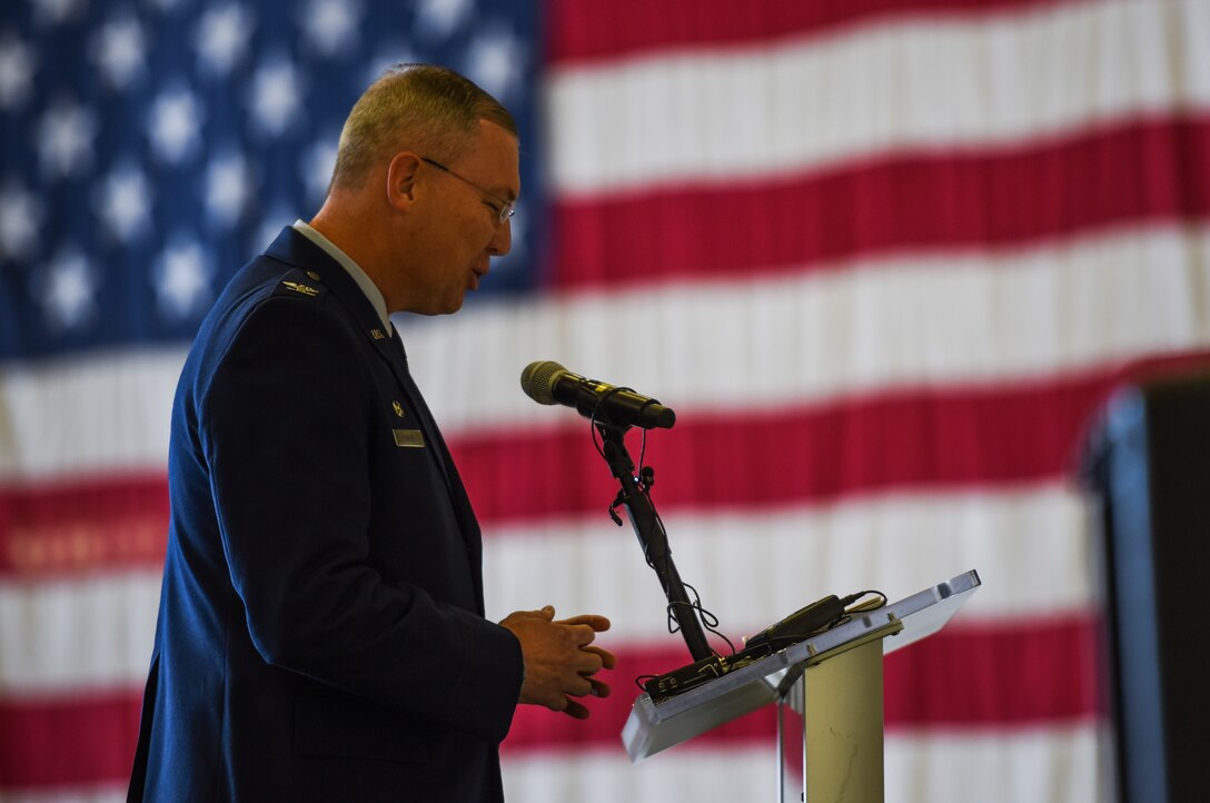 U.S. Air Force Col. Russel Davis, 92nd Operation Group commander, gives a speech at the 97th Air Refueling Squadron’s reactivation ceremony and Assumption of Command at Fairchild Air Force Base, Washington Oct. 18, 2019.